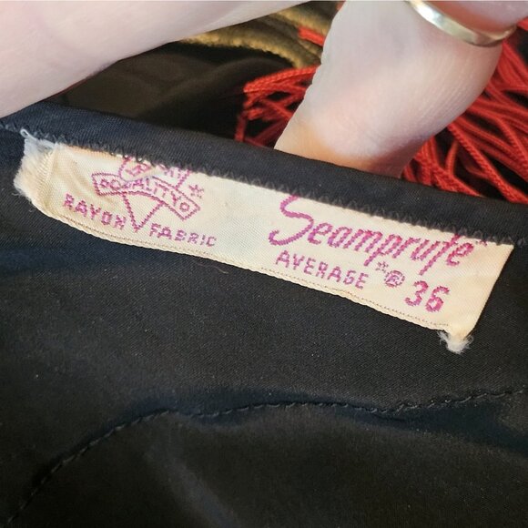 VTG 1950s Black Flapper Slip dress Red Fringe Mod Cosplay Knee Length Sz XS / S - Picture 8 of 10